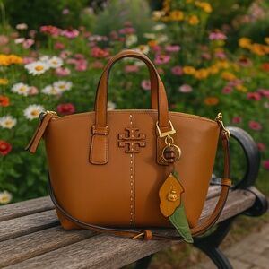 Tory Burch Squash Smooth Leather Mini McGraw Satchel + Pea Pod Key Ring
